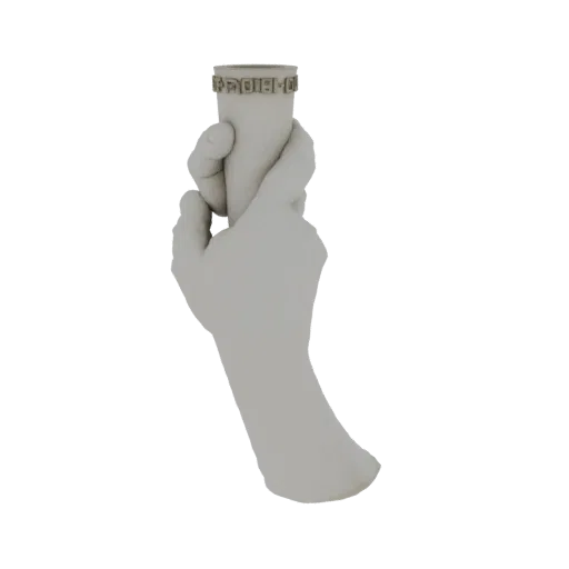 3D модель светло-серой руки, держащей цилиндрический объект с детализированным узором "греческий ключ" по верхнему краю.