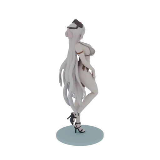 Вид сбоку 3D модели аниме девушки-коровы с длинными белыми волосами, в бикини и на каблуках, стоящей на светло-голубой кругло