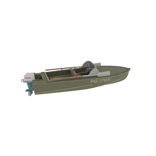 3D модель винтажной оливково-зеленой моторной лодки с белым подвесным мотором, ветровым стеклом и сиденьями