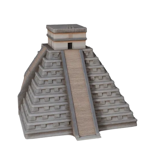 Высокополигональная 3D модель пирамиды Чичен-Ица, крупный план архитектурного рендера, показывающий материалы структуры досто