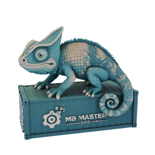 3D модель сине-кремового хамелеона на бирюзовом контейнере с логотипом 'MƏ MASTER'.