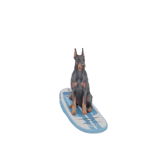 3D модель добермана, сидящего на сине-белой сапборде на белом фоне.