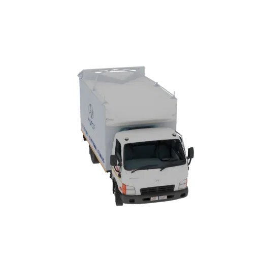 3D модель белого фургона Hyundai HD72 с закрытым грузовым контейнером, вид с немного приподнятого передне-правого угла.
