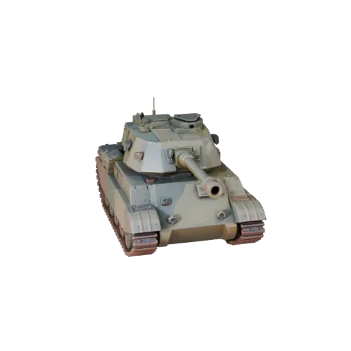 3D-модель мультяшного боевого танка, вид в три четверти в студии, стилизованный актив техники с массивной броней, прочной ход