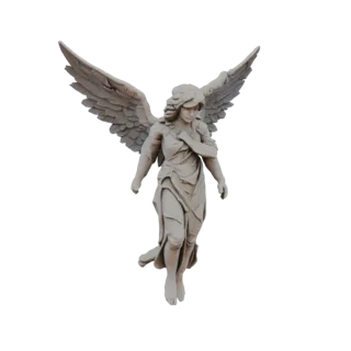 3D модель статуи ангела в развевающихся одеждах, смотрящего вниз с выражением спокойствия и грации.