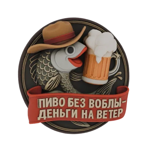 Рендер 3D модели мультяшной рыбы в ковбойской шляпе с кружкой пива.