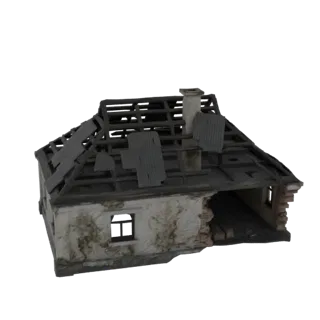 3D модель разрушенного дома с обрушенной крышей, открытыми деревянными балками и поврежденной трубой на белом фоне.