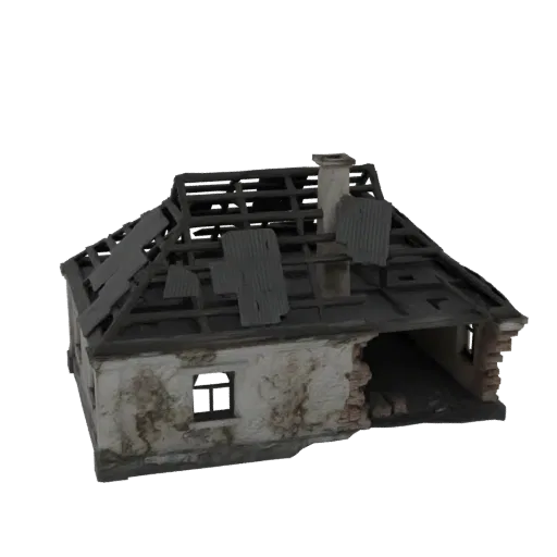 3D модель разрушенного дома с обрушенной крышей, открытыми деревянными балками и поврежденной трубой на белом фоне.