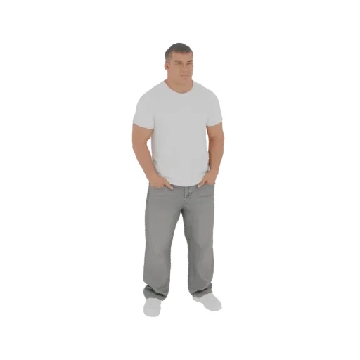 3D модель мужчины в белой футболке и серых джинсах, стоящего с руками в карманах.