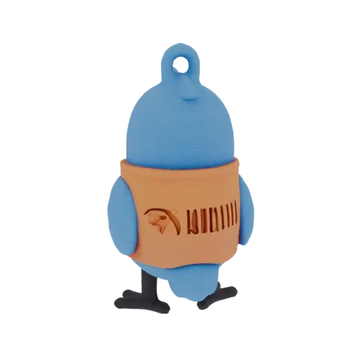 3D модель синей птички с оранжевым жилетом в виде USB-флешки на белом фоне.
