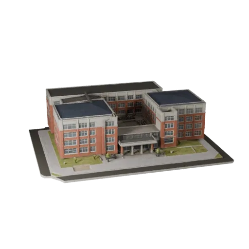 Школьное здание 3D модель, готовая к Blender, вид рендера студии Blender, показывающий материалы общедоступного здания и архи