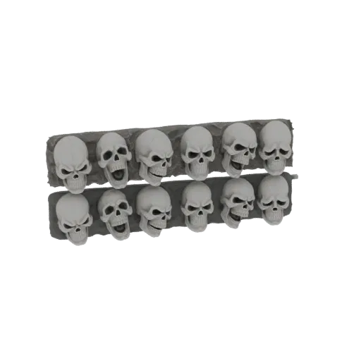 3D модель двенадцати белых черепов, расположенных на сером каменном основании, представленная на черном фоне.