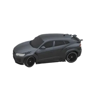 3D модель темно-серого, агрессивного SUV-купе со спортивным дизайном и большими колесами, представленная на белом фоне.