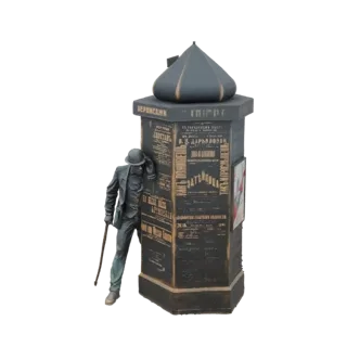 3D модель бронзовой скульптуры мужчины в шляпе, опирающегося на доску объявлений с текстом.