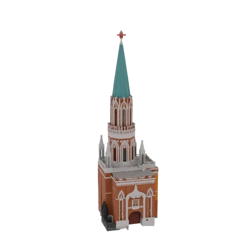 3D модель Никольской башни Московского Кремля с красным кирпичом, белыми декоративными деталями и бирюзовым шпилем.