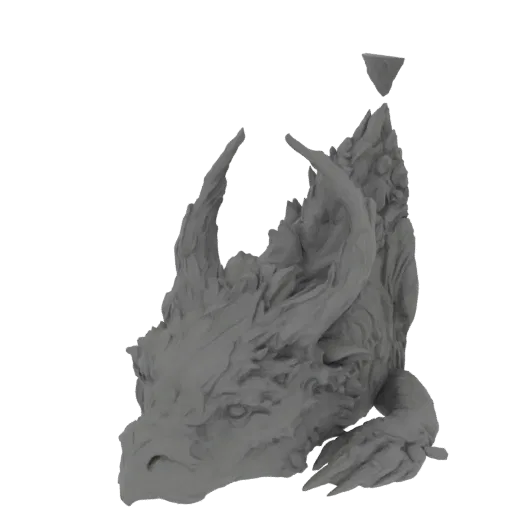 Рендер 3D модели детализированной скульптуры головы дракона с острыми рогами и текстурированной чешуей, вид слева.