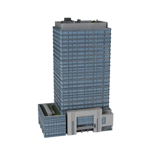 Футуристический небоскреб реалистичная 3D модель, вид с трех четвертей снаружи, показывающий материалы коммерческого офисного