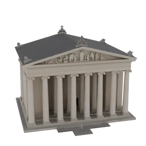 3D модель классического храма с колоннами, фронтоном со скульптурами фриза и темной двускатной крышей на белом фоне.