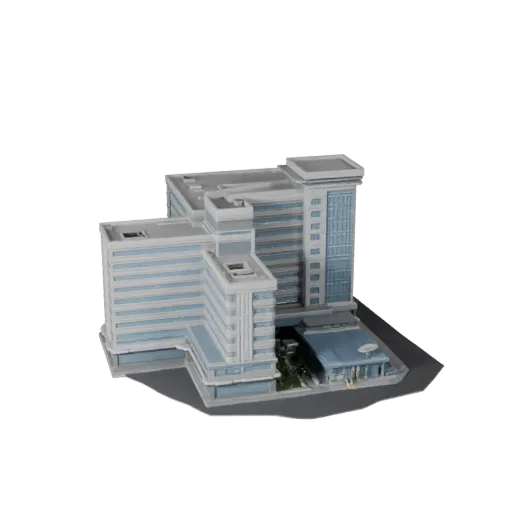 Высокополигональная 3D модель здания больницы, крупный план архитектурного рендера, показывающий материалы общедоступного зда