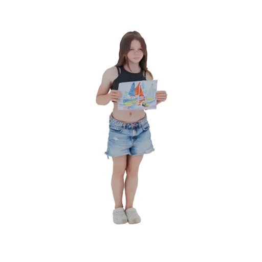 3D модель девочки с каштановыми волосами, в черном топе и джинсовых шортах, держащей яркую картину с парусниками.
