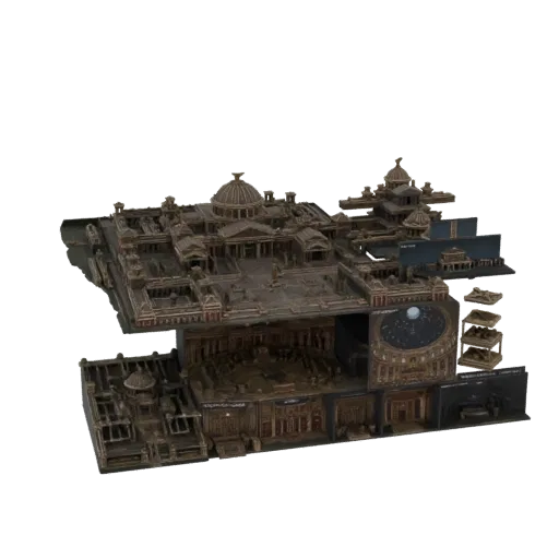 3D модель древнеримского храма диорамы с несколькими уровнями, колоннами и центральным куполом с текстурой состаренного камня