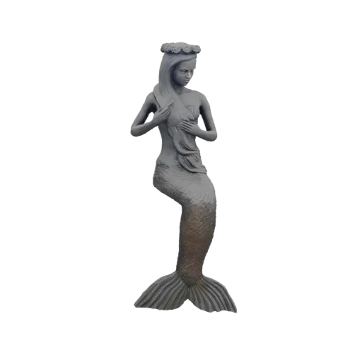3D модель каменной статуи русалки, изящно сидящей, в цветочном венке, с детализированной чешуей и развевающимися волосами.