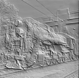 3D модель барельефа старинного паровоза, покрытого растительностью, на рельсах