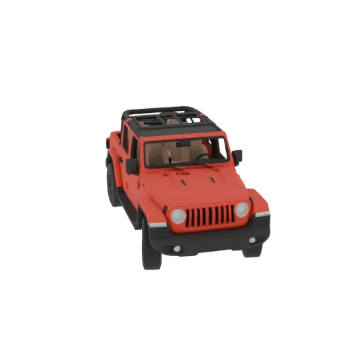 3D модель красного Jeep Wrangler без крыши, с видимым интерьером, на белом фоне.