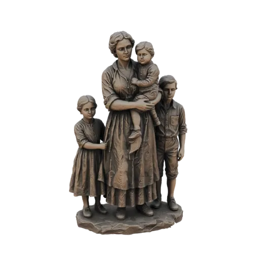 3D модель бронзовой статуи матери с ребенком и двумя детьми рядом.