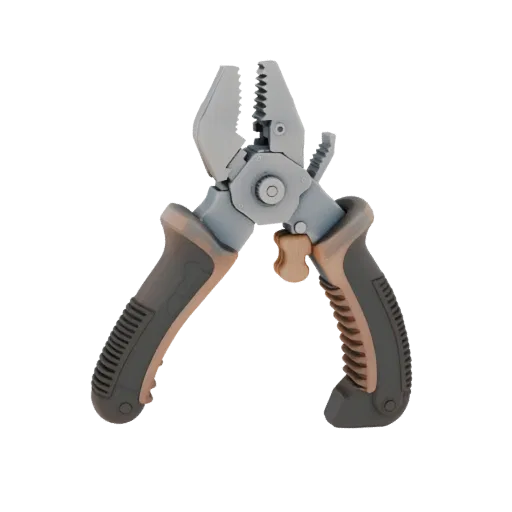 Печатаемая 3D-модель Прочные плоскогубцы, изометрический STL-рендер, показывающий крашеный металл, зоны захвата.