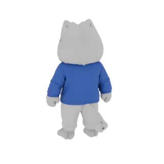 Вид сзади 3D модели белого кота-маскота в синем свитере и белых штанах, с видимым хвостом.