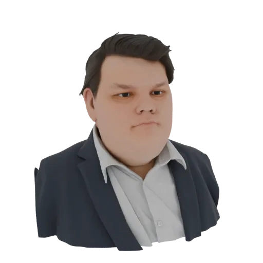 Рендер 3D модели мужчины в темном костюме и белой рубашке, с аккуратно уложенными волосами и нейтральным выражением лица.