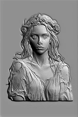 3D модель барельефа "Цветочница" с венком из цветов, женская голова, детализированная скульптура