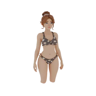 3D модель кукольной фигурки Насти Каменских в купальнике с принтом облаков, стоящей в полный рост.