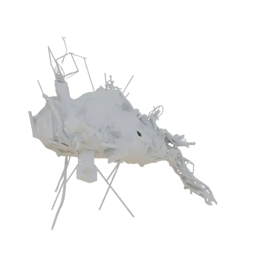 Детализированная 3D-модель абстрактной скульптуры, выглядящая деконструированной, с острыми углами и органическими, скрученны