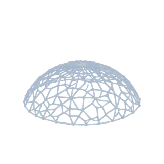 3D-модель геодезического купола со светло-голубым дизайном из взаимосвязанных треугольных панелей.