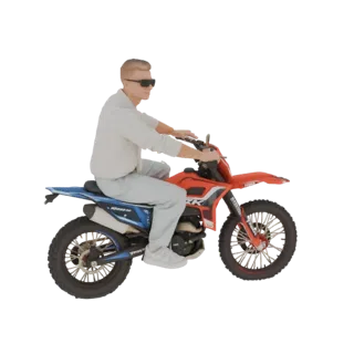 3D модель мужчины в солнцезащитных очках и светлой толстовке, едущего на красно-синем мотоцикле на белом фоне.