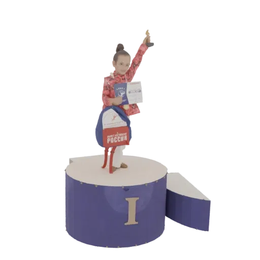 3D модель юной чемпионки в красной куртке с кубком и грамотой на пьедестале.
