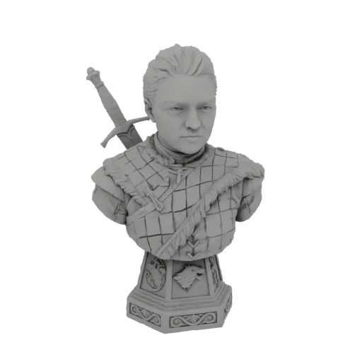 3D модель бюста Арьи Старк из Игры Престолов с решительным выражением лица, стеганой броней и мечом.