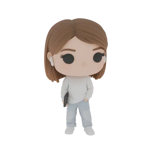 3D модель стилизованной девушки в стиле Funko Pop, в наушниках и с планшетом.