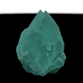 3D модель бирюзовой кристаллической скульптуры-жеоды с острыми гранями и грубым каменным основанием на черном фоне.