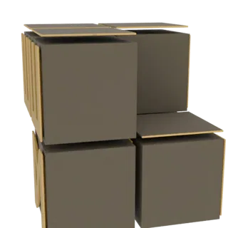 A 3D render of stacked gray cubes with light brown wooden accents on the top and sides, against a white background.