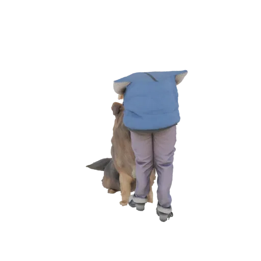 3D модель немецкой овчарки, смотрящей на человека в синей пуховой куртке, вид со спины.