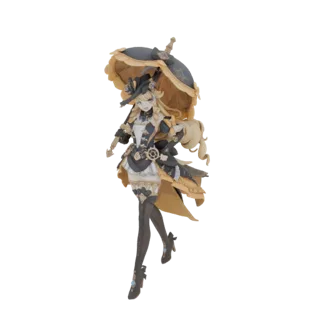 3D model of a steampunk lady with blonde hair, wearing a detailed outfit and holding an ornate parasol, against a white backg