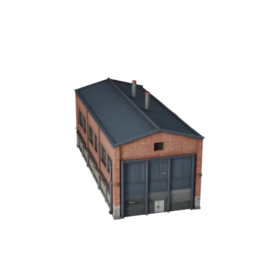 Стилизованная 3D модель здания фабрики, изометрический вид стилизованной игровой среды, показывающий материалы промышленного