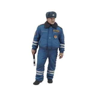 3D модель российского инспектора ДПС в синей форме, в меховой шапке и с жезлом.