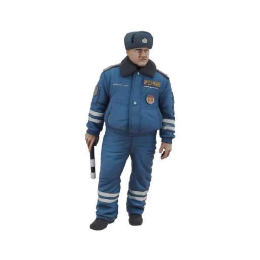3D модель российского инспектора ДПС в синей форме, в меховой шапке и с жезлом.