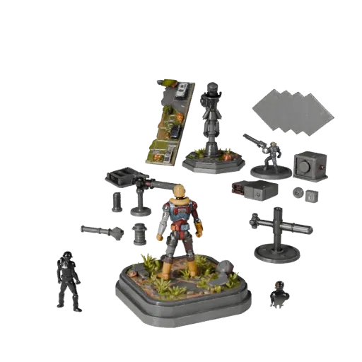 Реалистичная 3D-модель набора городских игрушек для фото, предпросмотр с демонстрацией слоев, трехчетвертной вид сцены, глуби