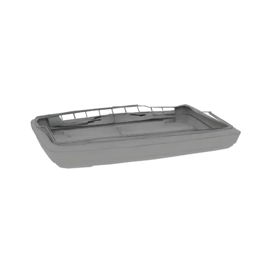 3D рендер современного корпуса яхты с детализированными перилами, представленный в нейтральном сером материале.