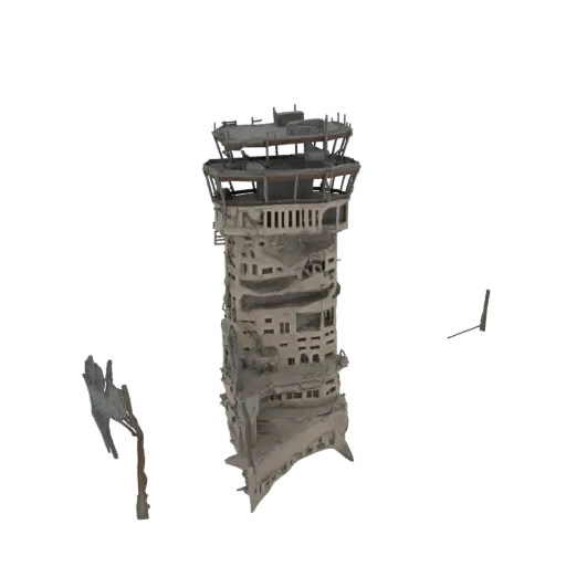 3D-модель высокой разрушенной бетонной диспетчерской вышки с разбитыми окнами и обломками на черном фоне.